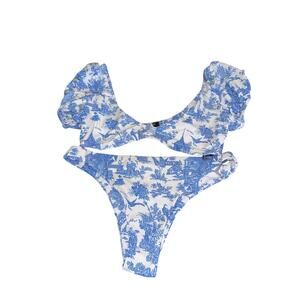 ❤️SHEIN Blue Toile Puff Sleeve Bikini Set - Size L